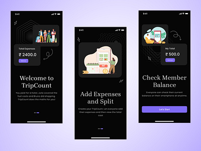 TripCount App onboarding 3 screen app black theme clean count money minimal mobile mobile app money onboarding onboarding screen split money app tripcount ui ux