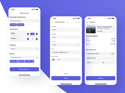 Yacht trips app | Destinations/Account/Payment screens account screen destination screen mobile mobile app payment screen travel travel app trips app yacht travel yacht trips app