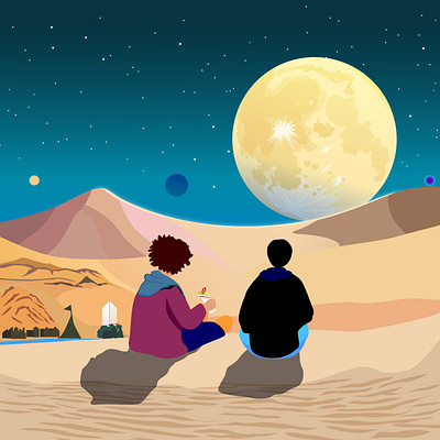Planet -Looking at the moon from the dunes- art branding design drawing graphic design icon illustration landscape logo sky ui vector web イラスト