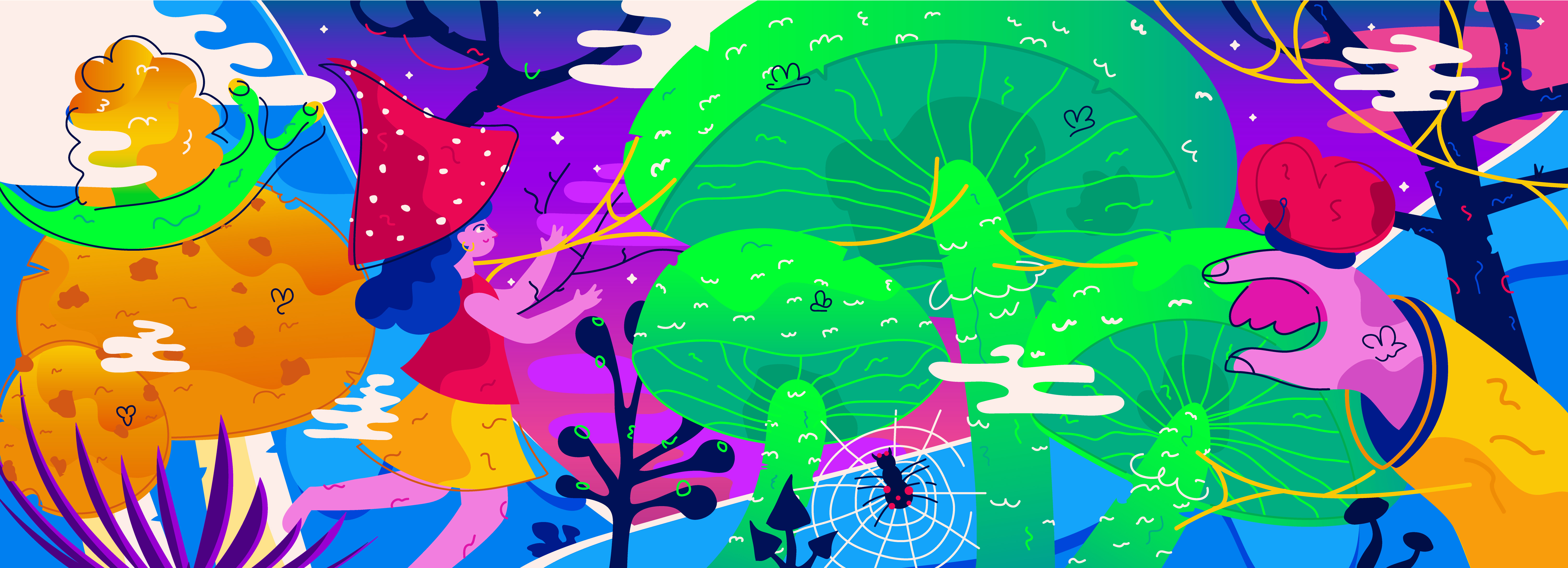 magical mushroom forest. silpo x marco 60s character design flat forest illustration jungle lsd magic mushroom nature psy psychedelic silpo trip trippy vector visual vivid wizard