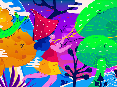 magical mushroom forest. silpo x marco 60s character design flat forest illustration jungle lsd magic mushroom nature psy psychedelic silpo trip trippy vector visual vivid wizard