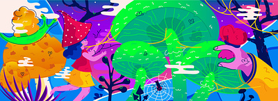 magical mushroom forest. silpo x marco 60s character design flat forest illustration jungle lsd magic mushroom nature psy psychedelic silpo trip trippy vector visual vivid wizard