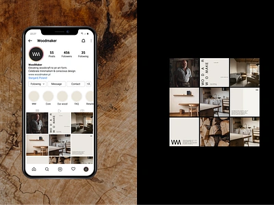 WoodMaker - Social Media branding design feed homepage landing page minimal print social media ui