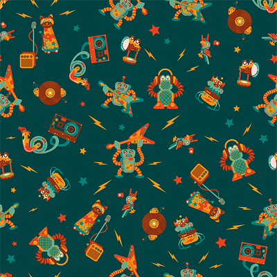 Rock and Roll Robots design digital illustration illustration pattern repeat repeat pattern robot rock and roll surface design textile