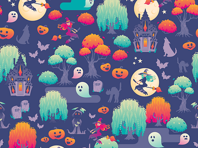 Cute Spooky Halloween Forest design digital illustration forest halloween illustration pattern purple repeat pattern seamless design spooky witches