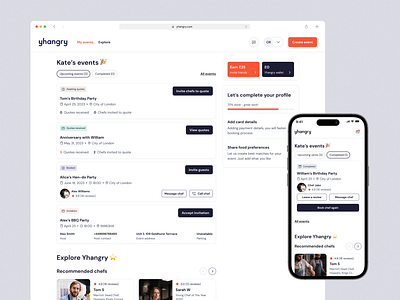 Yhangry: Customer Dashboard cards dashboard event hire marketplace minimalistic order party private chef ui ui design ux design