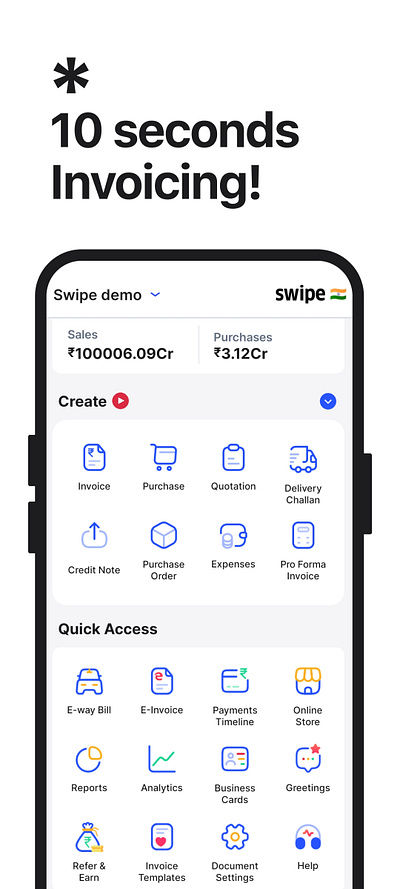 10 seconds Invoicing! billing billing app branding design graphic design gst illustration invoicing logo swipe typography ui ux vector