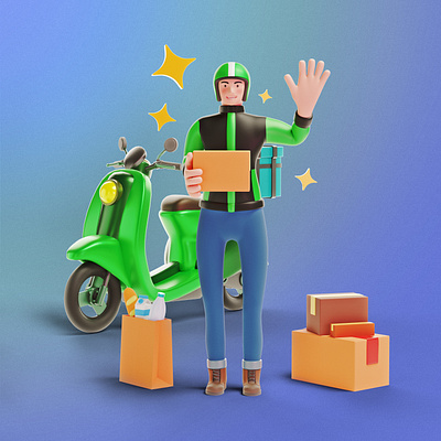 Food Delivery Service 3D Illustration 3d 3d icon 3dart 3dcharacter 3ddesign animation bike blender branding delivery design hero hero illustration icon illustration key package scooter service ui