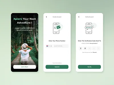 Landing and Login by OTP adventure app explore first page flight green theme landing landing page login mobile number nature otp otp message otp verification otp verify tour travel trip ui verification