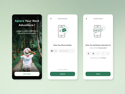 Landing and Login by OTP adventure app explore first page flight green theme landing landing page login mobile number nature otp otp message otp verification otp verify tour travel trip ui verification