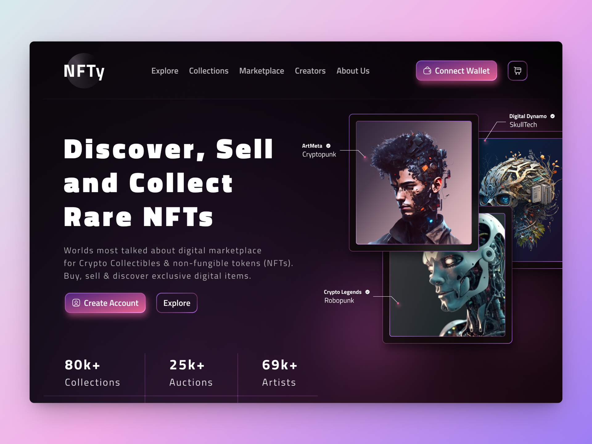 NFT Marketplace Website Design concept conceptual dark mode design figma landing page marketplace nft nft website landing page non fungible token platform ui ui design web3 website