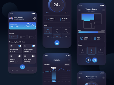 Smart Home 📍 Mobile App activities air conditioner battery control home dashboard design electric home station household living room remote control smart smart device smart devices smart home smart home app smartapp ui ux vacuum cleaner