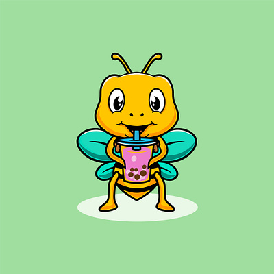 Cute Bee Drinking Boba Illustration adorable branding graphic design kawaii ui