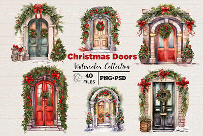 Christmas Doors watercolor art print artwork cartoon christmas doors watercolor cute design graphic design illustraion illustration