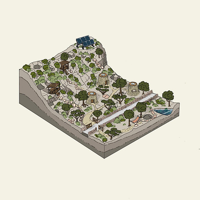Reimagined Nuraghe Cluster axo design graphic design illustration iso landscape sardinia