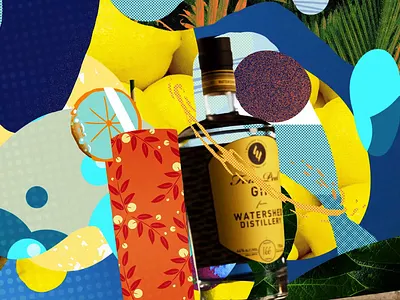 Watershed Distillery - Hero Shot alcohol animation bottle bubbles cocktail collage columbus fun funky gin halftone label lemon mixed media motion graphics product shapes summer tom collins turn