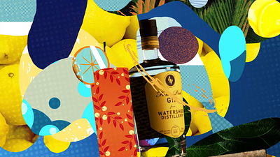 Watershed Distillery - Hero Shot alcohol animation bottle bubbles cocktail collage columbus fun funky gin halftone label lemon mixed media motion graphics product shapes summer tom collins turn