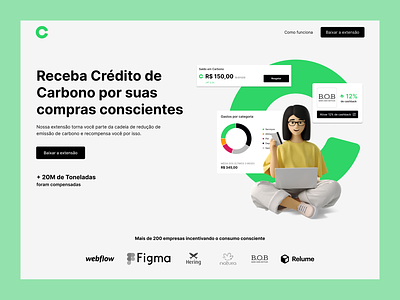 Carbono 2d 3d branding carbon carbono design flat framer graphic design green header hero landing page marketing minimal progress tracker report saas tracker ui