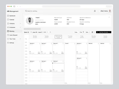 HR Management Software, SaaS Web App Wireframe, UI/UX Design calendar clock in employe hours hr leave management planning saas tracking wireframe