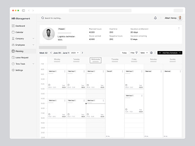 HR Management Software, SaaS Web App Wireframe, UI/UX Design calendar clock in employe hours hr leave management planning saas tracking wireframe