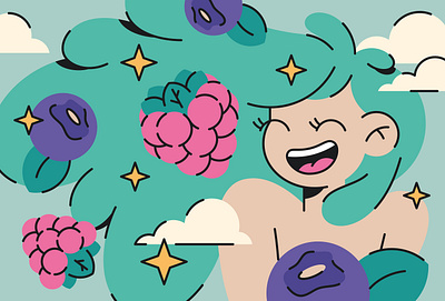 Gaia berry blueberry cartoon character cloud doodle girl hair illustration raspberries smile stars vector