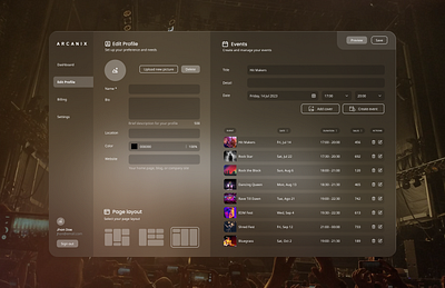 ARCANIX - Dashboard app application artist audio concert dashboard interface music music app platform product profile rock song startup stats ui ux web app