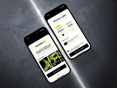 Monetto — App Design. Monetto Pro Subscription Screens. 3d app design bank app branding clean design finance app fintech minimal mockup sunscription ui ux