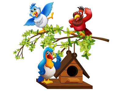 Three-Parrots-Flying-around-birdhouse cartoon cartoondesign dridddle graphic design illustration naturenurtures parrots skyboundcharm vibrantavianserenity