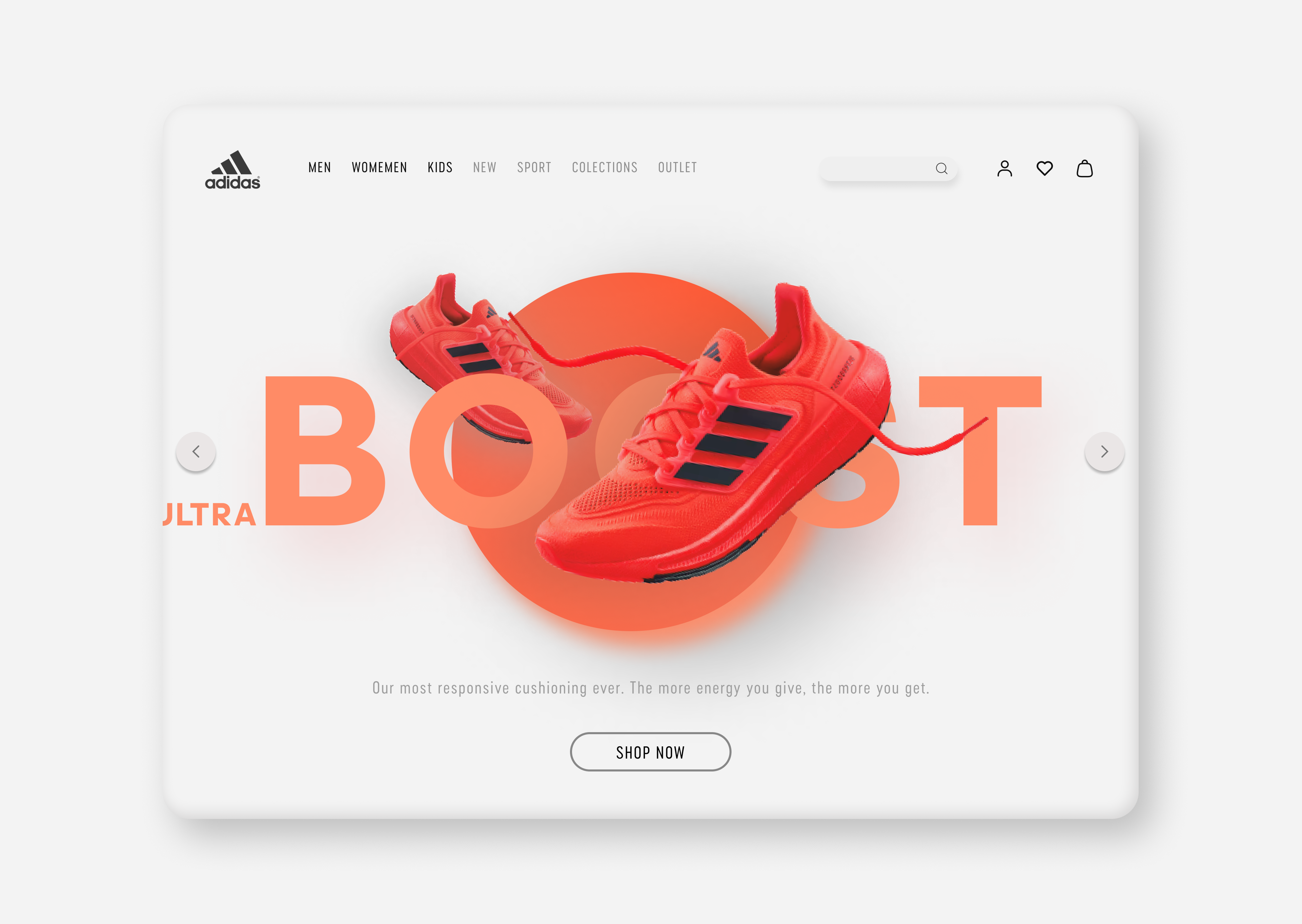 Adidas - UltraBOOST adidas branding design desktop graphic design landpage minimal orange red run running shoes shop sport ui ultraboost ux webpage white