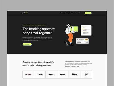 Package tracking - landing page courier delivery desktop hero section landing page package partners shipping tracking ui