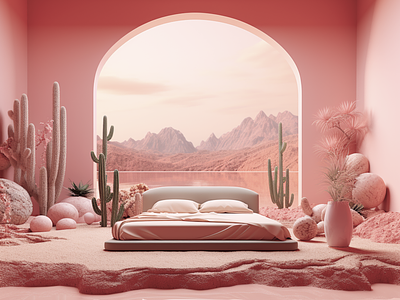 Pinkscape bedroom ai architecture artwork bed cgi cinema4d desert digital art dreamscape experience health illustration immersive lifestyle mental health pinkscape surreal tech wellbeing wellness