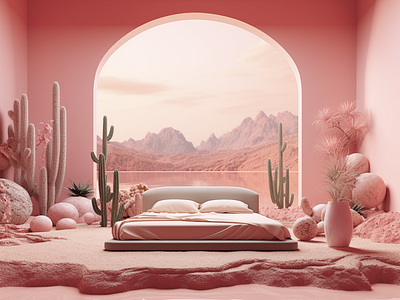 Pinkscape bedroom ai architecture artwork bed cgi cinema4d desert digital art dreamscape experience health illustration immersive lifestyle mental health pinkscape surreal tech wellbeing wellness