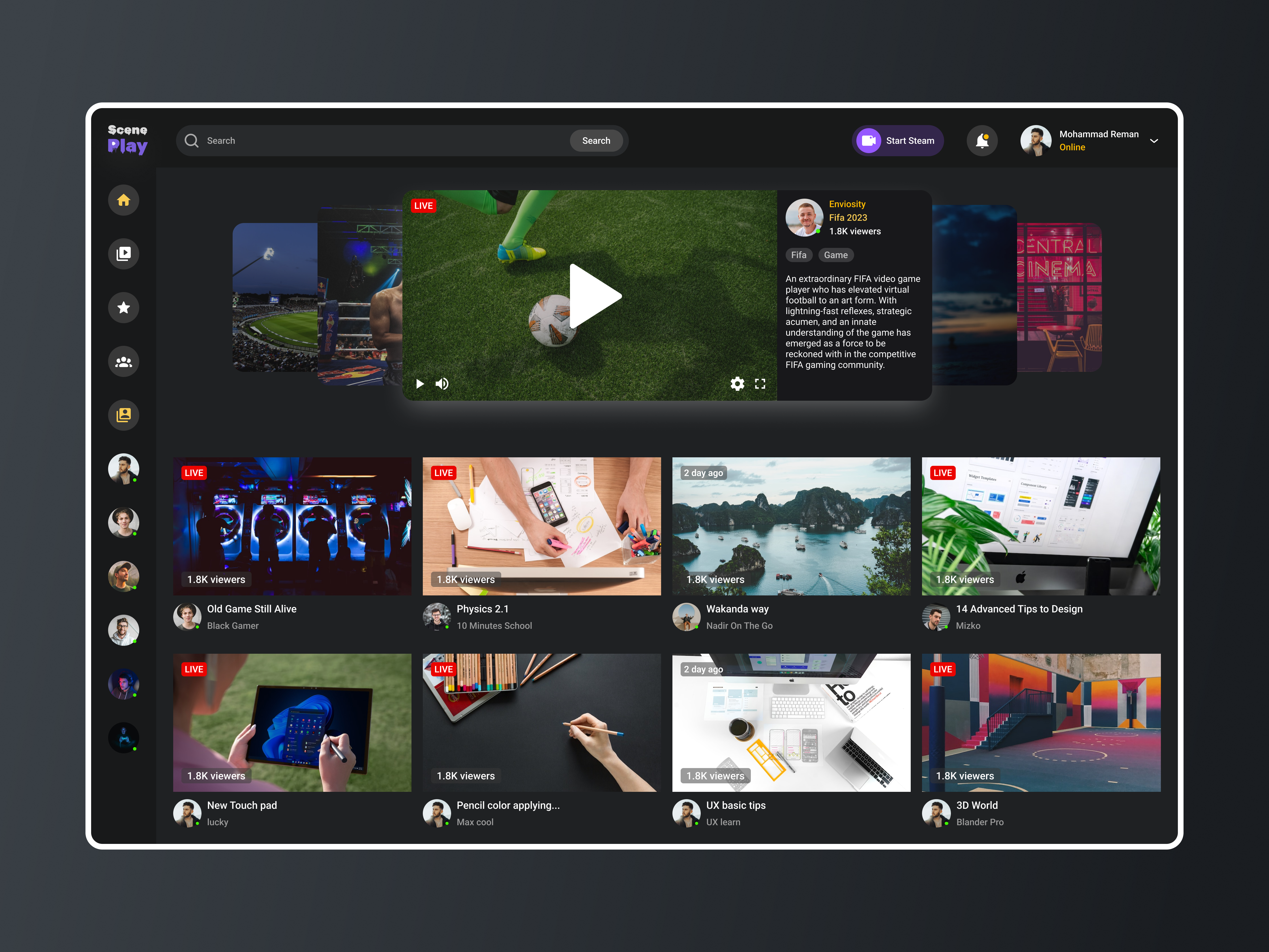 Scene Play video streaming Website 3d design logo mobile app mobile design product design prototype scene play streaming site twitch ui ui design ux ux design video video streaming web design website design wireframe youtube