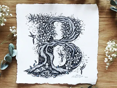 Letter ''B'' alphabet art birds botanical branding design drawing flowers graphic design handmade illustration landscape letter lettering logo nature night space tree typography