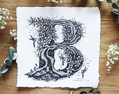 Letter ''B'' alphabet art birds botanical branding design drawing flowers graphic design handmade illustration landscape letter lettering logo nature night space tree typography