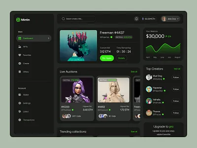 NFT marketplace dashboard blockchain crypto dark mode dashboard decentralized digital arts digital collectibles metaverse nft arts nft auctions nft collectibles nft dashboard nft marketplace nft marketplace ui non fungible tokens tokens ui ux web3 web3 design