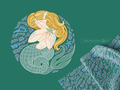 Sleeping Mermaid. Print and seamless pattern for textile annapogulyaeva annapogulyaeva art complement prints fabric fabric parint fashion trend floral pattern graphic design illustration magical character medieval character mermaid print for apparel textile design textile pattern textile print