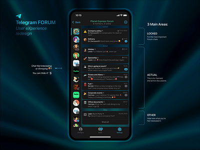 Telegram Forum UX/UI Redesign animation chat concept dark mode dark theme figma forum interaction ios motion graphics new ux personalisation redesign settings submenu telegram telegram forum ui ux