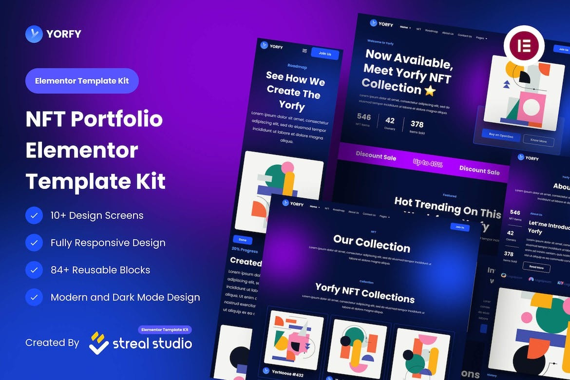 Yorfy - NFT Project Elementor Template Kit app application home page homepage interface ios landing landing page landingpage mobile nft portfolio ui user user experience ux uxdesign web webdesign website