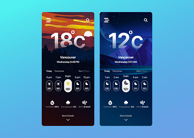 Climatecast 🌦️ app climate colour day forecast gradient illustration mountains night rain skies sky sun sunset temperature ui ux vancouver weather weather app