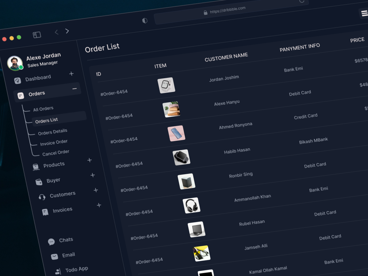 Order List Product UI/UX Design admin admin dashboard admin panel ahmed tamjid clean clean design customer list dashboard e commerce night mode order list product sales sales manager ui ui design ux ux design