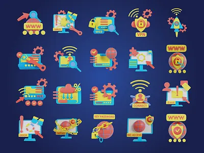 3d elements icon for digital security 3d ai branding design digital graphic design icon illustration lock malware rocket security signal ui ui ux ux virus vpn web wifi