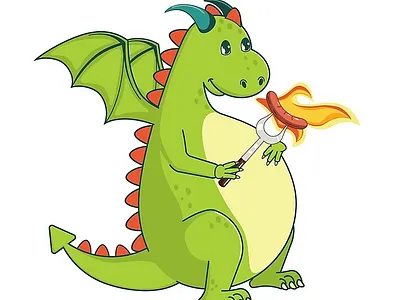 Green dragon with grilled sausage bbq cartoon design dragon graphic design green home decor illustration poster redbubble sticker vector