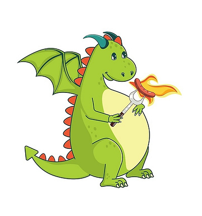 Green dragon with grilled sausage bbq cartoon design dragon graphic design green home decor illustration poster redbubble sticker vector