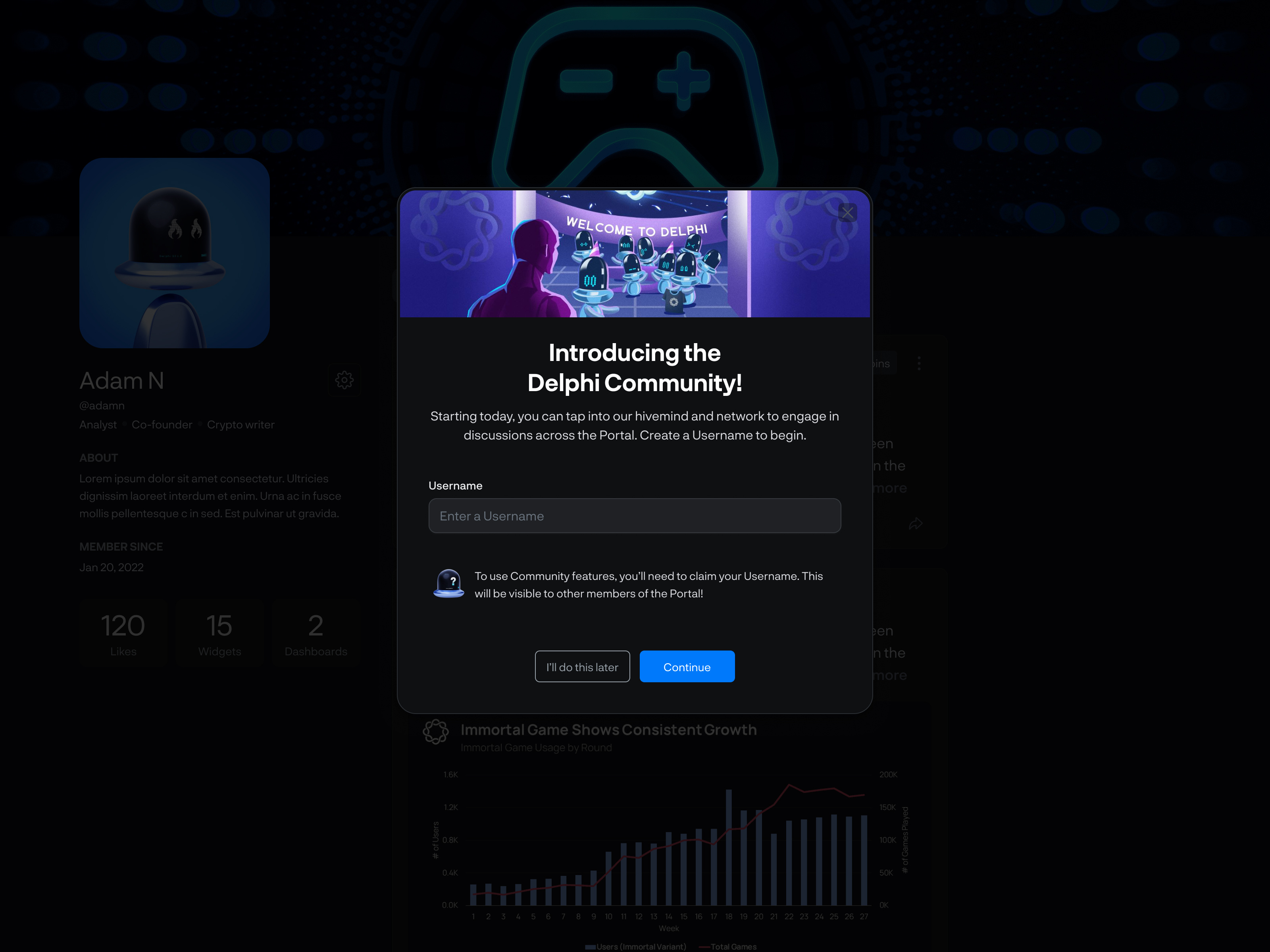 Community handle popup for user @ Delphi clean clean design community ui crypto platform dark mode design illustration interface minimal design mobile app modern product design profile setting ui ui design user interface user profile ux ux designs
