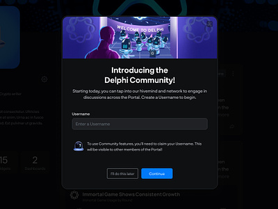 Community handle popup for user @ Delphi clean clean design community ui crypto platform dark mode design illustration interface minimal design mobile app modern product design profile setting ui ui design user interface user profile ux ux designs