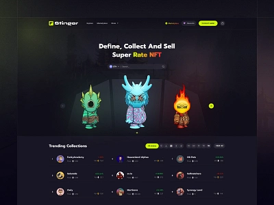 F Stinger - NFT Marketplace clean crypto crypto trading cryptocurrency darkmode digital art ethereum futuristic marketplace minimal nft nft design nft landing page nft website trading ui ux web design web ui website