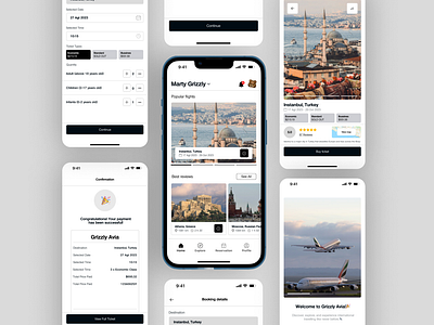 Grizzly Avia - Public and Private Airlines Application airplane airline booking ticket travelling branding graphic design mobile ui ux