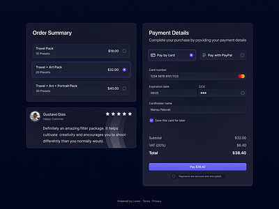 Checkout Page 🌙 button checkout credit card dailyui dark dark mode form gradient input product product design purple radio rating select summary ui ux visual web