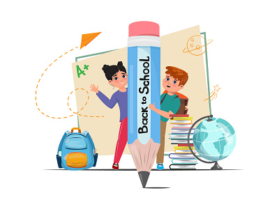Cute school kids with a blue pencil. Back to school illustration adorable airplane back to school backpack books boy characters children cute design girl globe grade illustration pencil vector